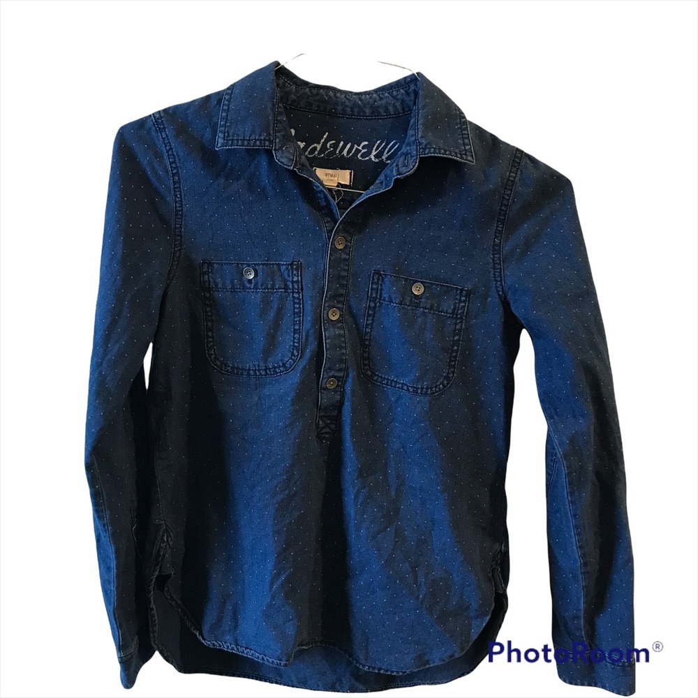 Madewell Polka Dot Chambray Dark Denim 4 Button Tunic Top Shirt Sz XS